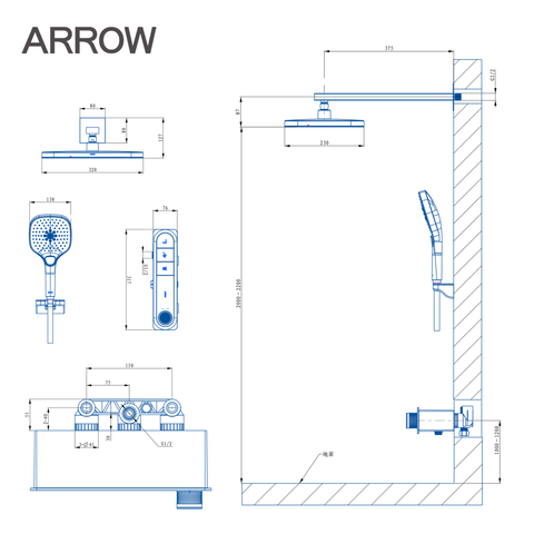 Ảnh bản vẽ kỹ thuật của vòi sen âm tường nóng lạnh Arrow ARQ13869U1GG
