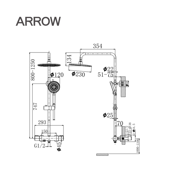 Ảnh bản vẽ kỹ thuật Vòi sen cây nóng lạnh Arrow AD3318HGGW
