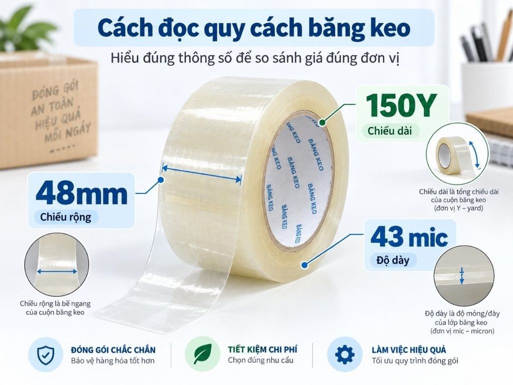 Cách đọc quy cách băng keo và so sánh giá đúng đơn vị