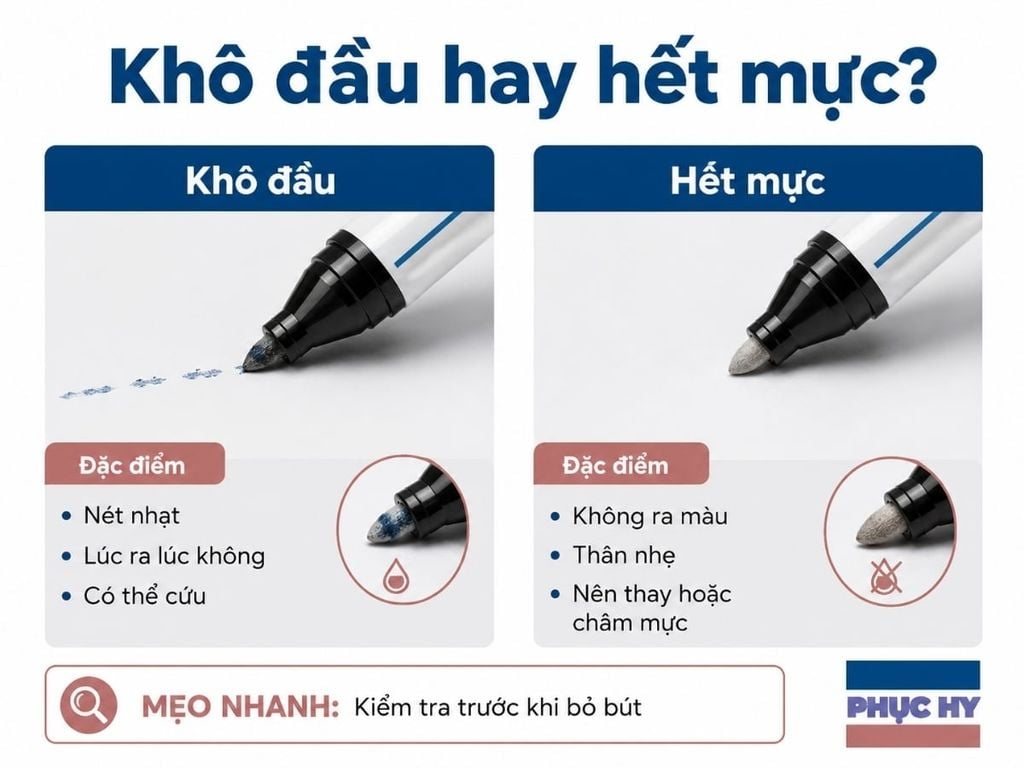Phân biệt bút lông dầu khô đầu và hết mực