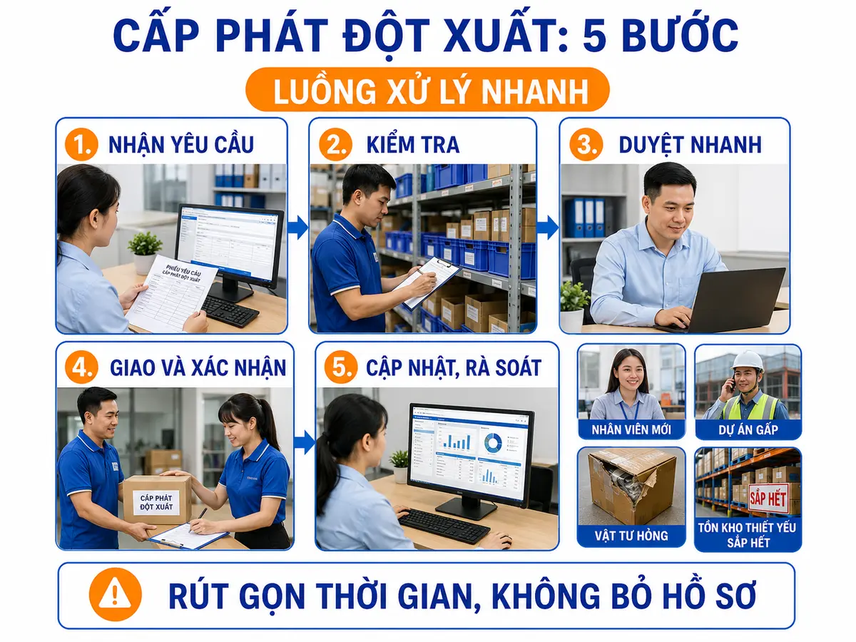 Quy trình 5 bước cấp phát văn phòng phẩm đột xuất có kiểm soát