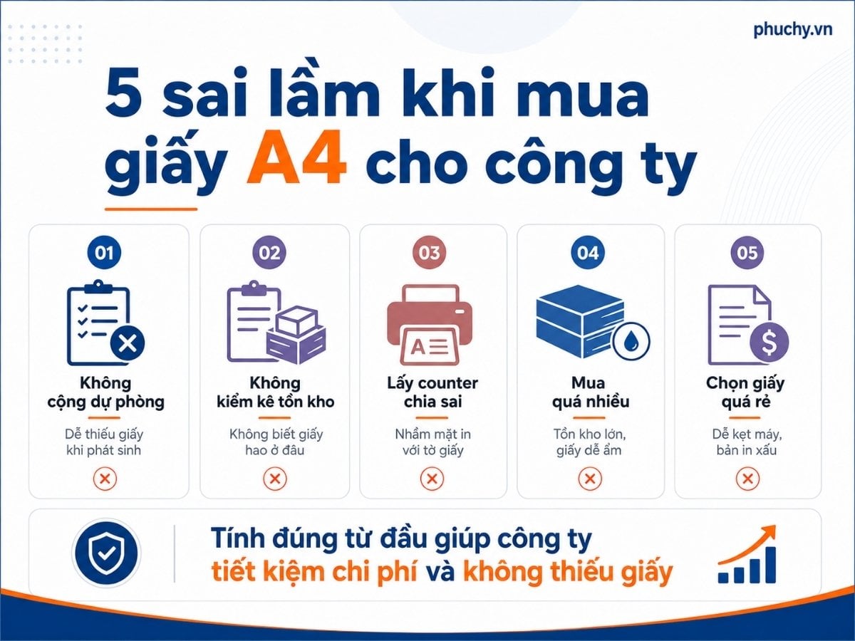 5 sai lầm khi mua giấy A4 cho công ty gồm không cộng dự phòng, không kiểm kê tồn kho và chọn giấy quá rẻ
