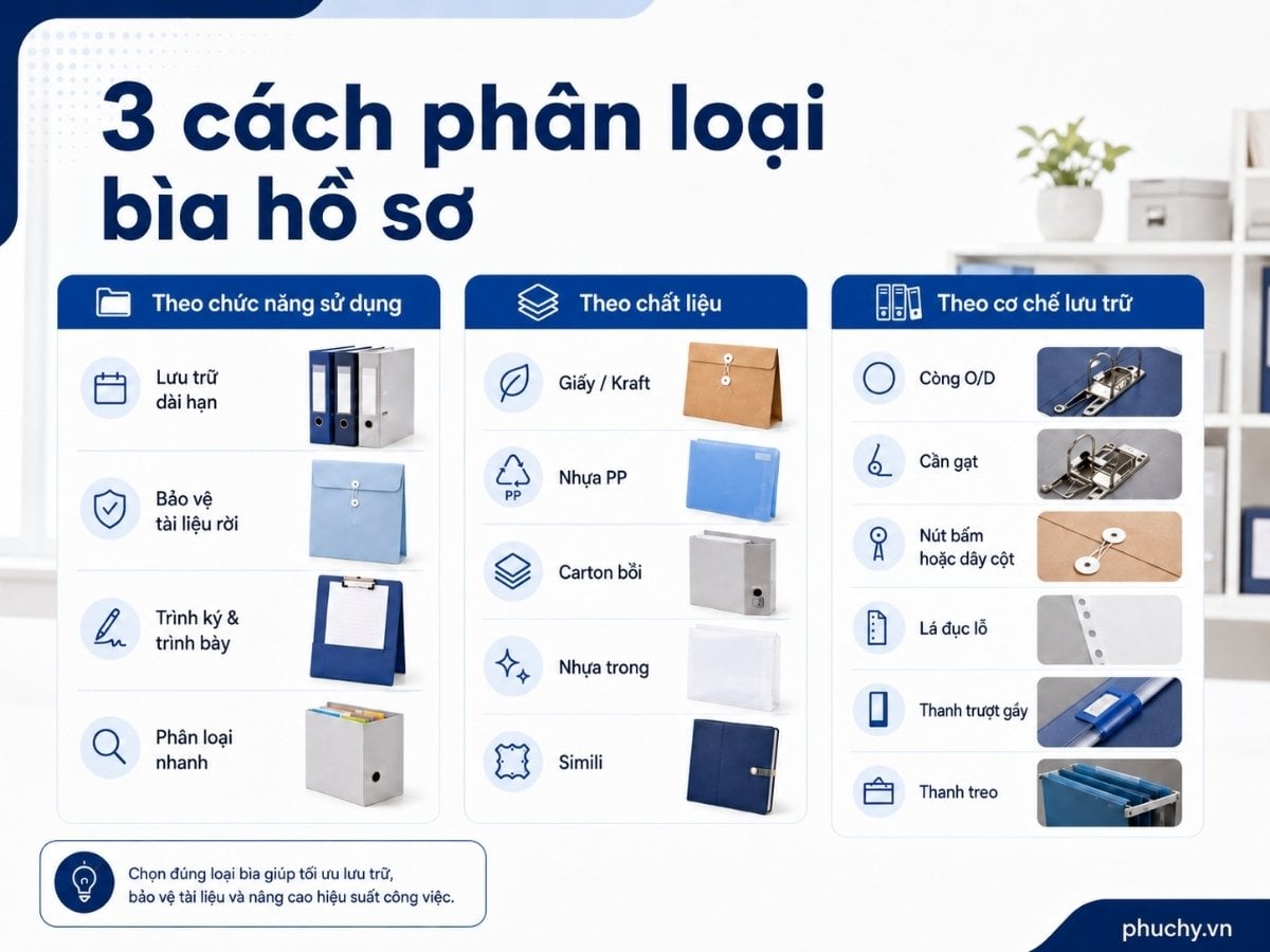Ba cách phân loại bìa hồ sơ theo chức năng sử dụng, chất liệu và cơ chế lưu trữ