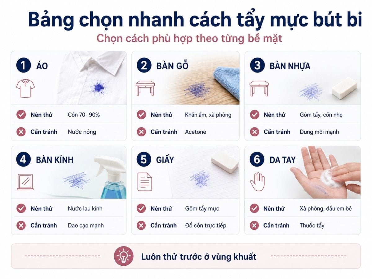 Bảng chọn nhanh cách tẩy mực bút bi theo từng bề mặt