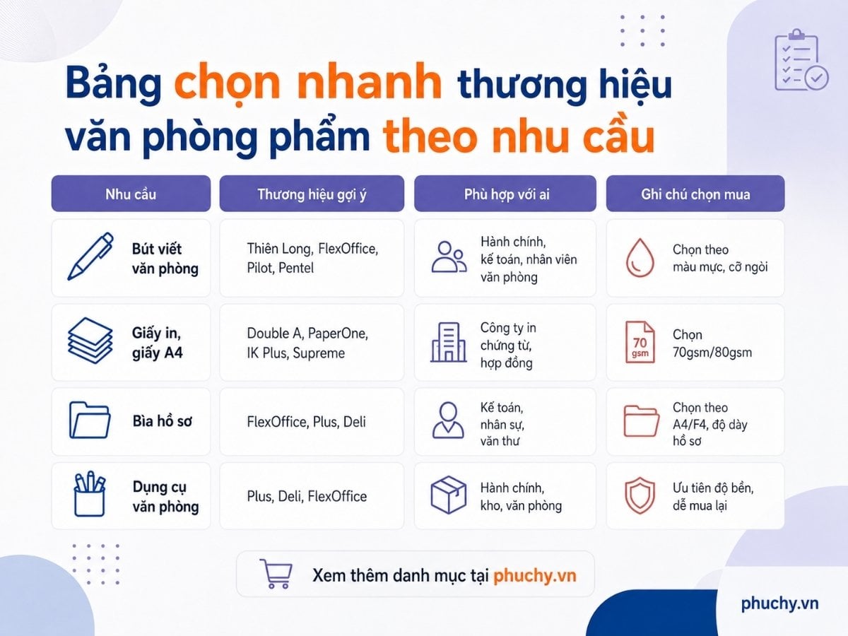 Bảng chọn nhanh thương hiệu văn phòng phẩm theo nhu cầu