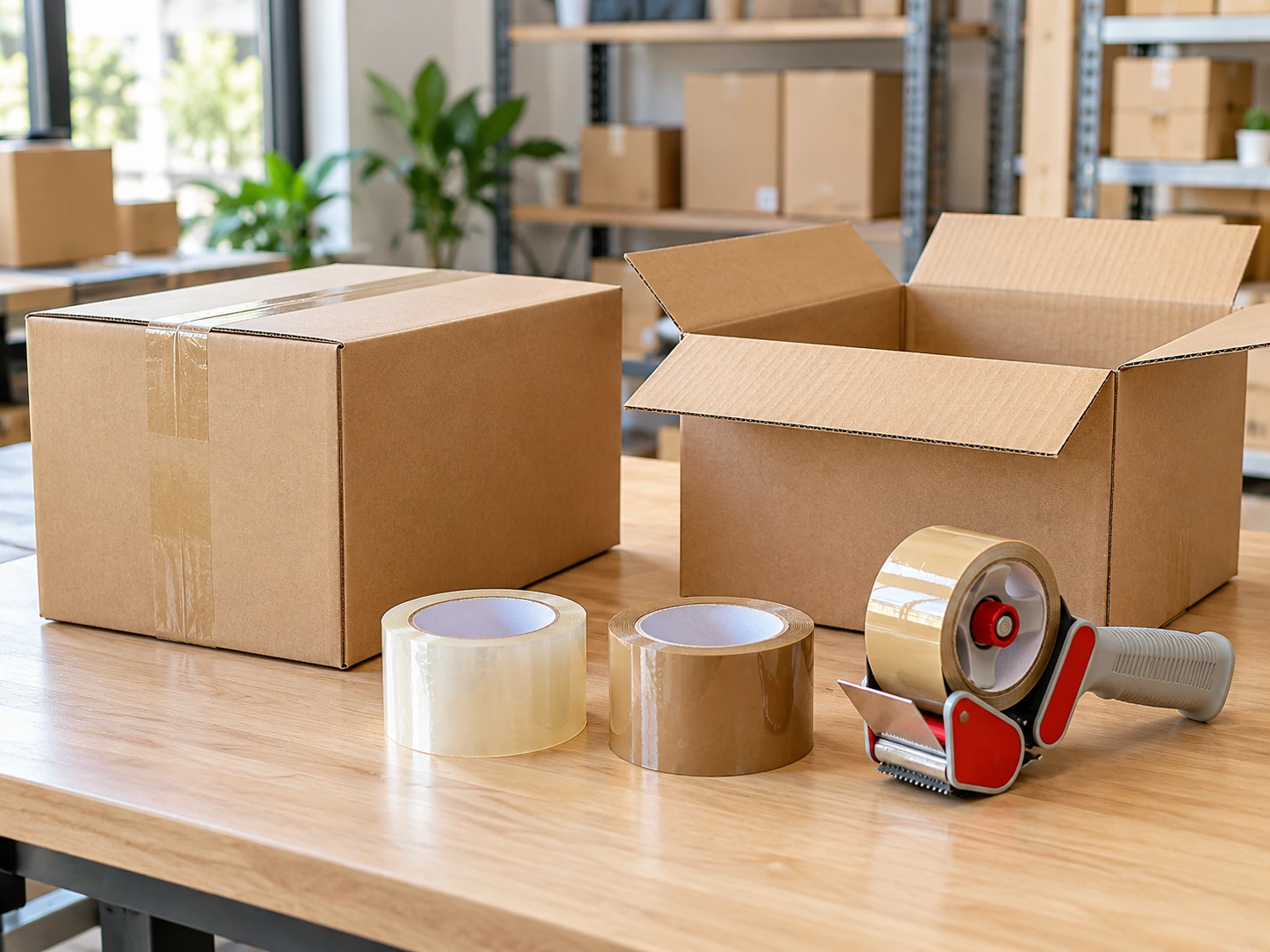 Băng keo trong, băng keo đục và dụng cụ cắt băng keo dùng đóng thùng carton tại kho hàng