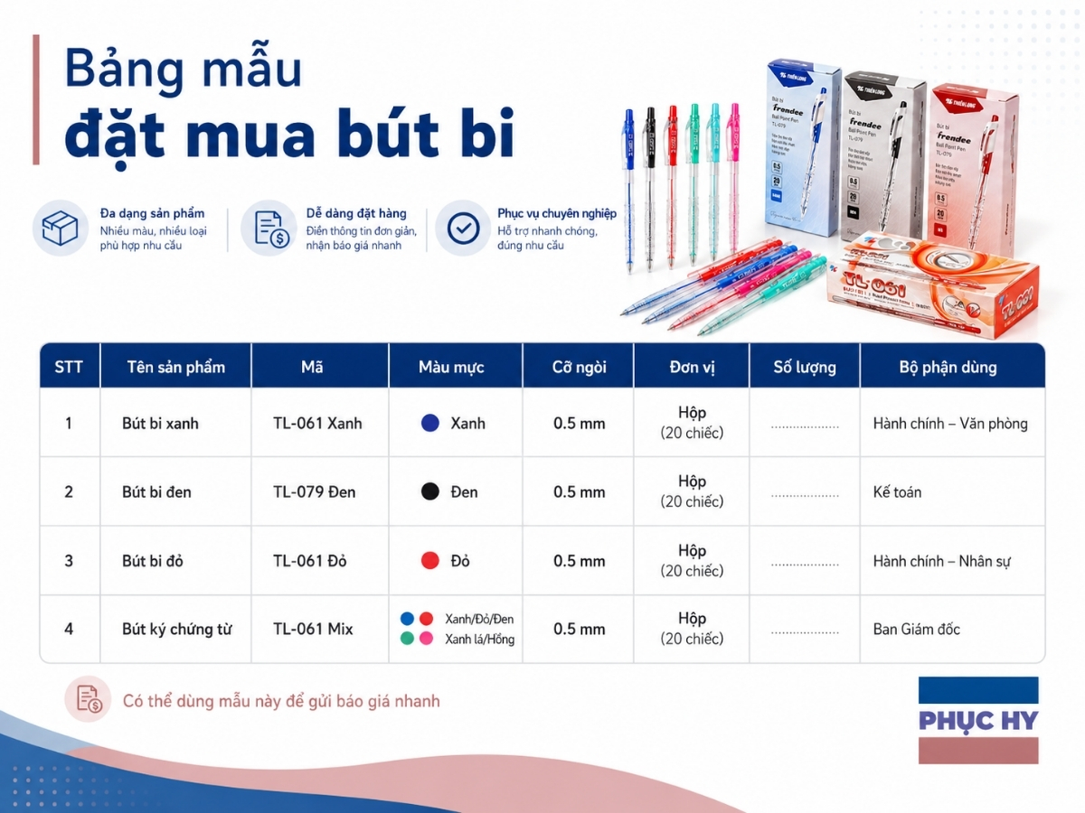 Bảng mẫu danh sách đặt mua bút bi cho công ty