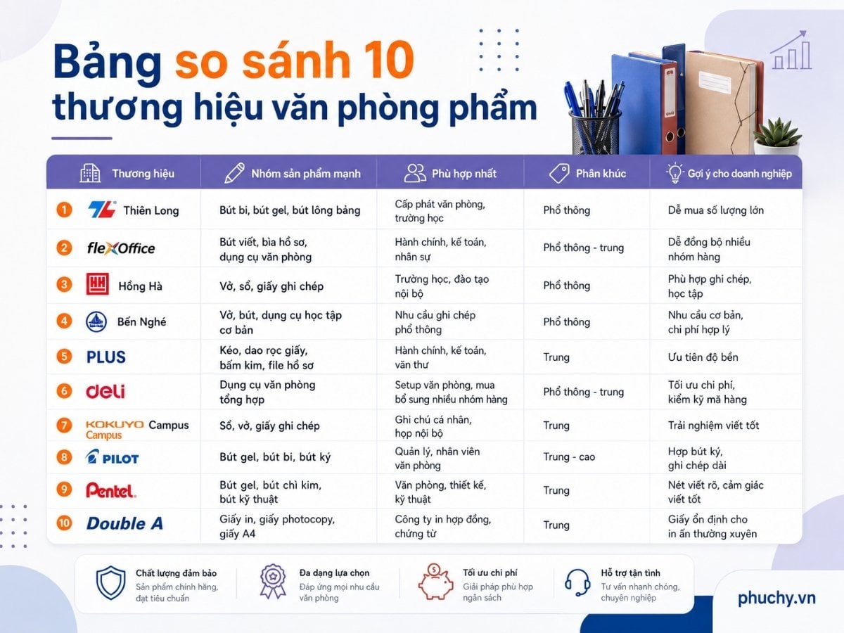 Bảng so sánh 10 thương hiệu văn phòng phẩm uy tín