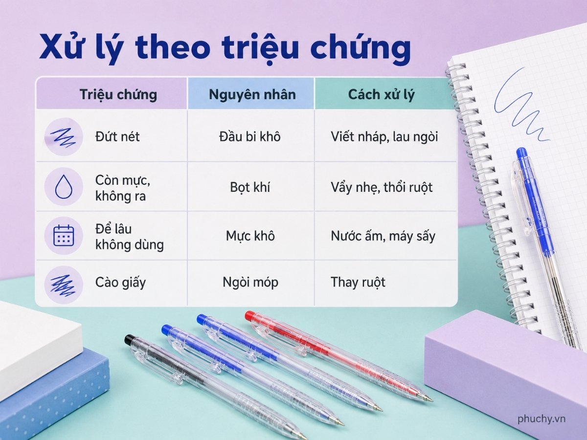 Bảng xử lý bút bi bị tắc mực theo từng triệu chứng