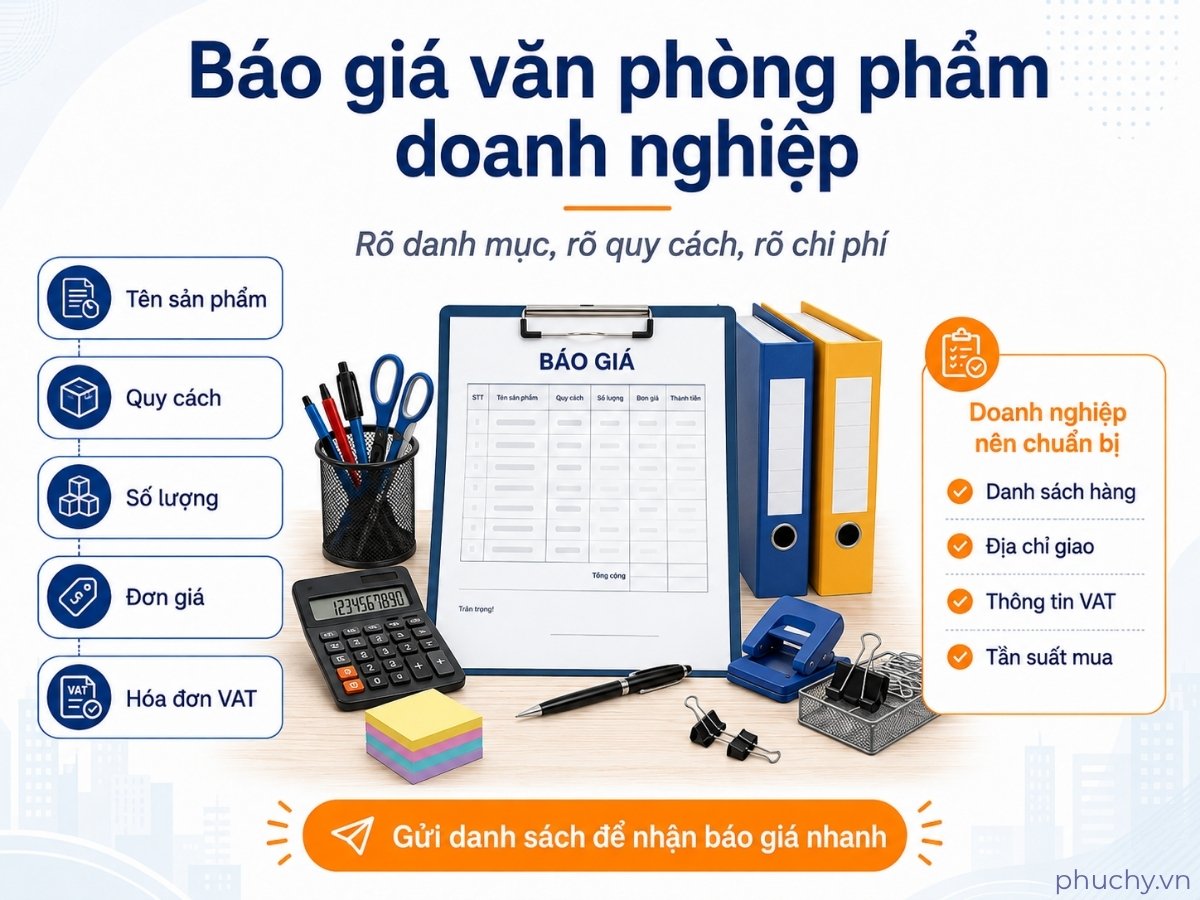 Báo giá văn phòng phẩm doanh nghiệp theo danh sách sản phẩm, quy cách, số lượng, đơn giá và hóa đơn VAT