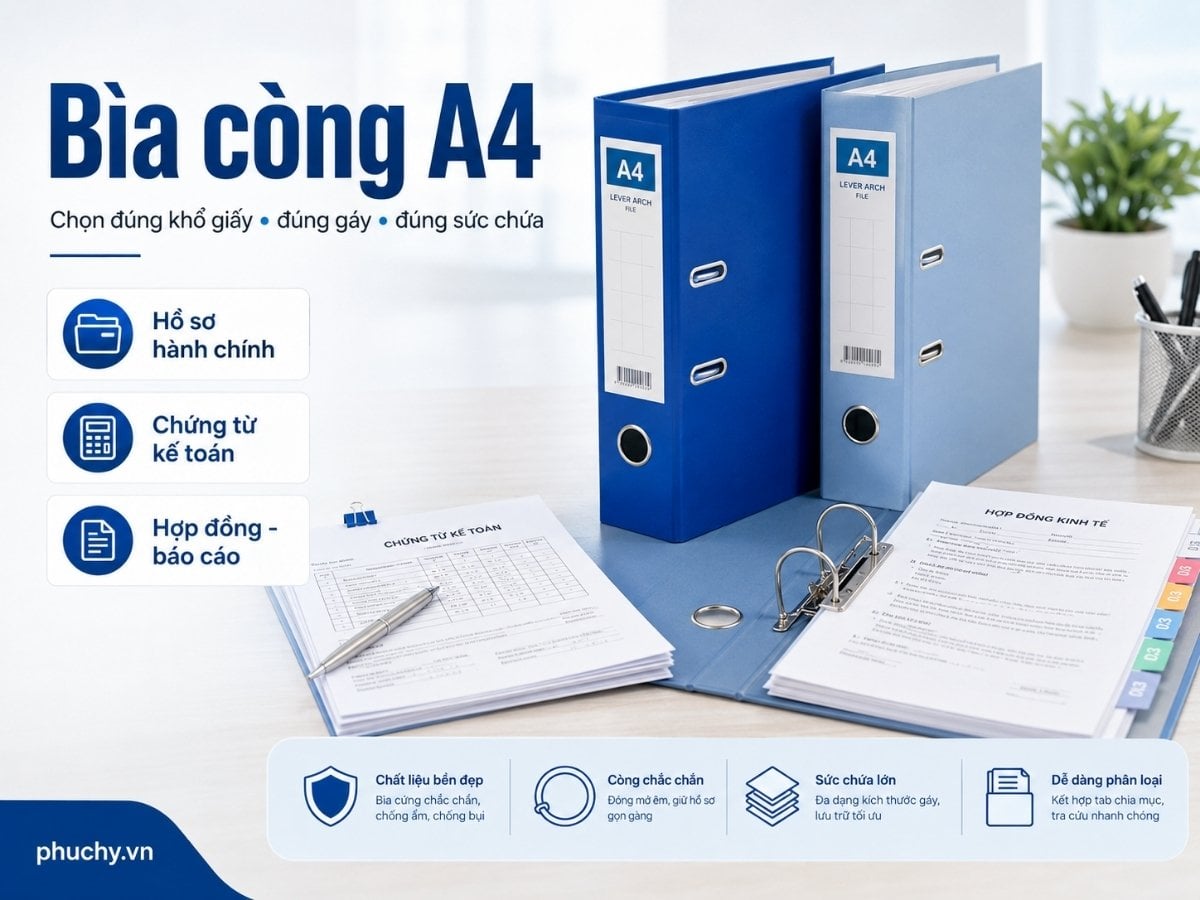 Bìa còng A4 dùng lưu hồ sơ văn phòng theo khổ giấy, gáy bìa và sức chứa