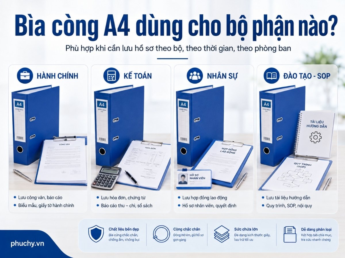 Bìa còng A4 dùng cho hồ sơ hành chính, kế toán, nhân sự và tài liệu đào tạo SOP