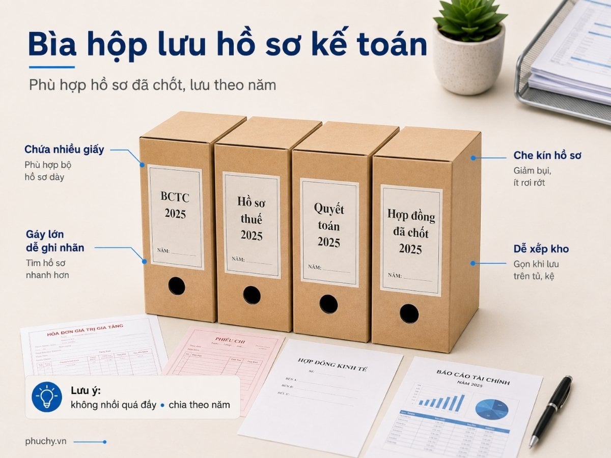 Bìa hộp lưu hồ sơ kế toán đã chốt theo năm