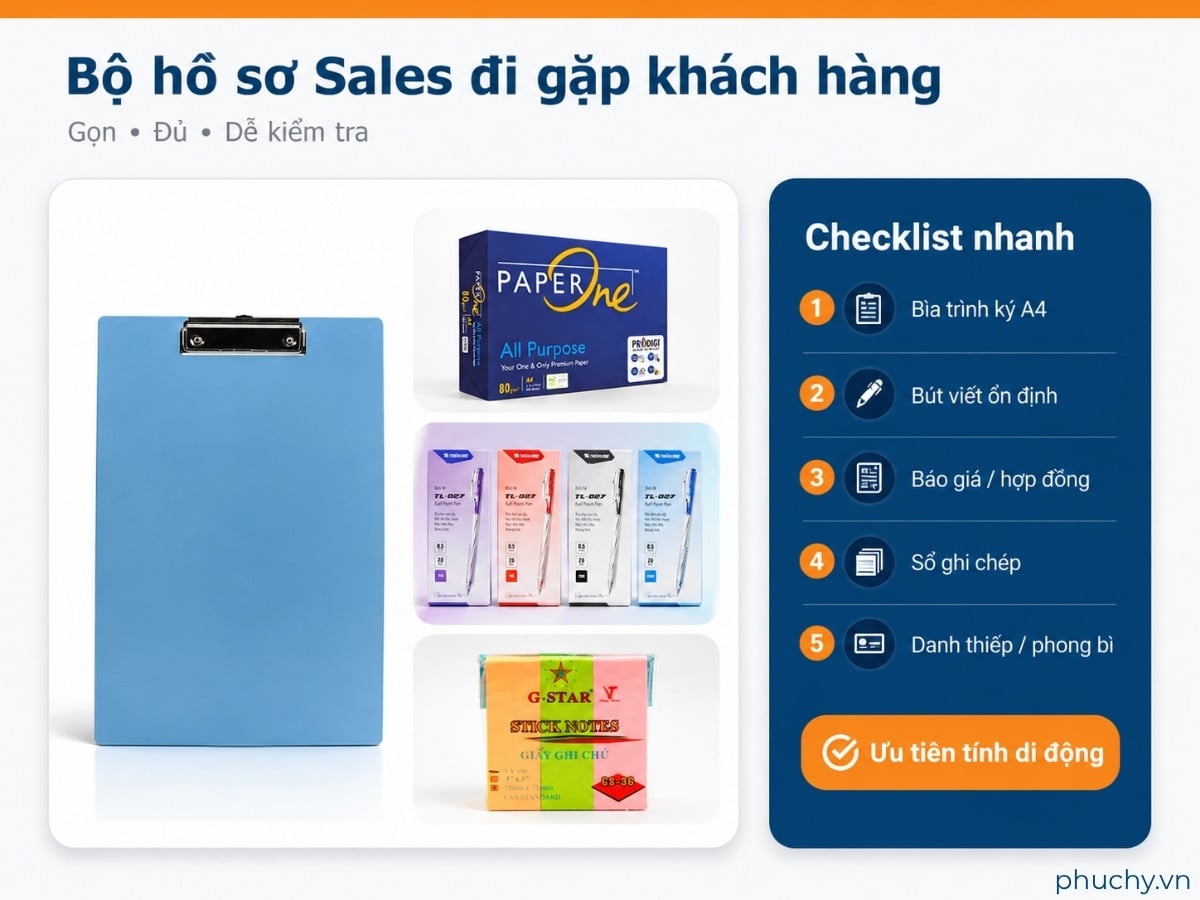 Bộ hồ sơ Sales đi gặp khách hàng gồm bìa trình ký, bút viết, giấy A4 và giấy note