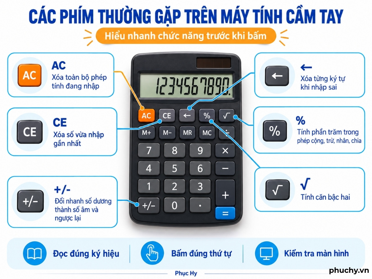 Cách dùng các phím bộ nhớ M+, M−, MR và MC trên máy tính văn phòng