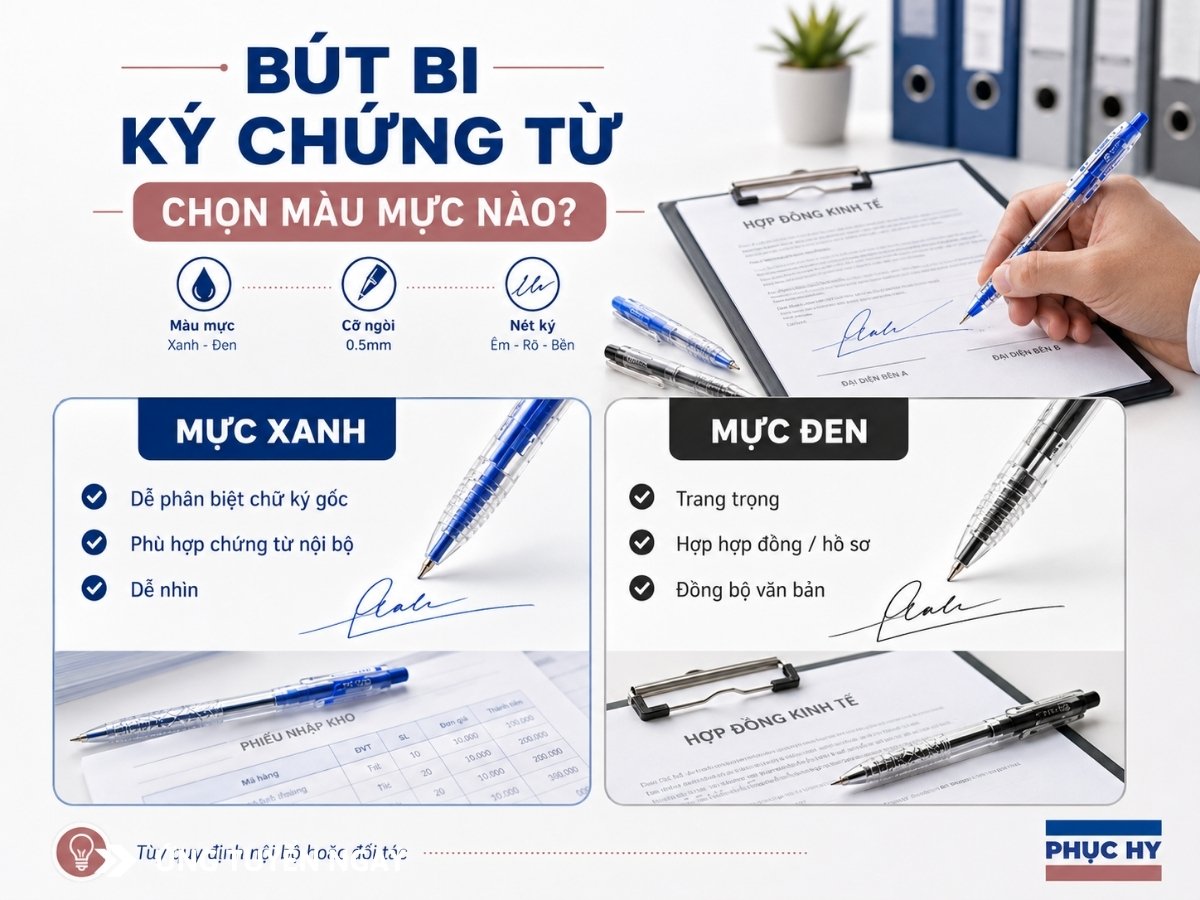 Bút bi mực xanh và mực đen khi ký chứng từ