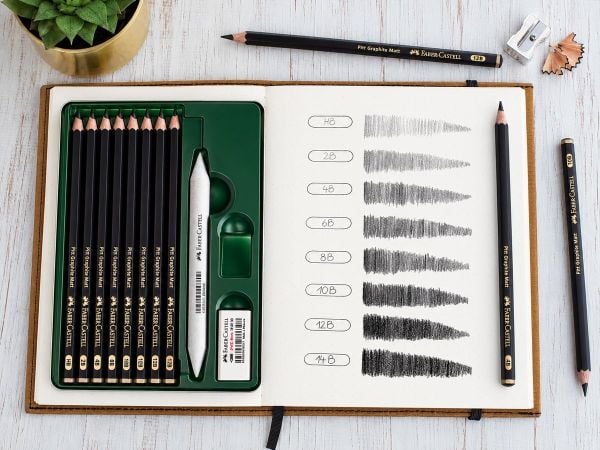 Minh họa độ đậm của bút chì HB, 2B và các cấp chì B trong dòng Faber-Castell Pitt Graphite Matt