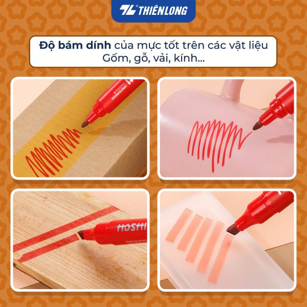 Bút lông dầu Hoshi Thiên Long PM-021/HS màu đỏ viết bám chắc trên băng keo, gỗ, kính và nhựa