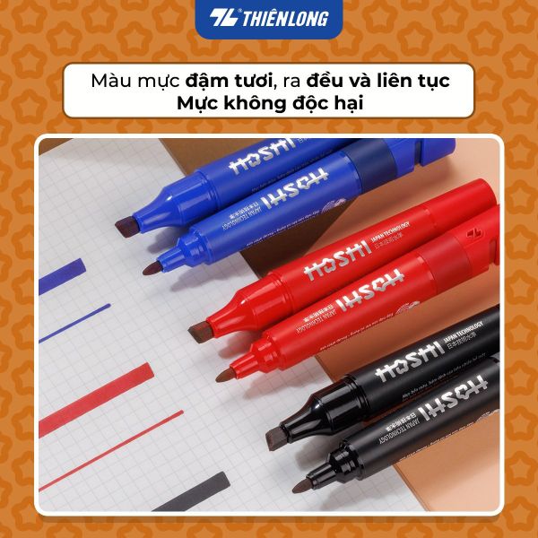 Bút lông dầu Hoshi Thiên Long PM-021/HS 3 màu đen đỏ xanh, mực ra đều liên tục, an toàn không độc hại