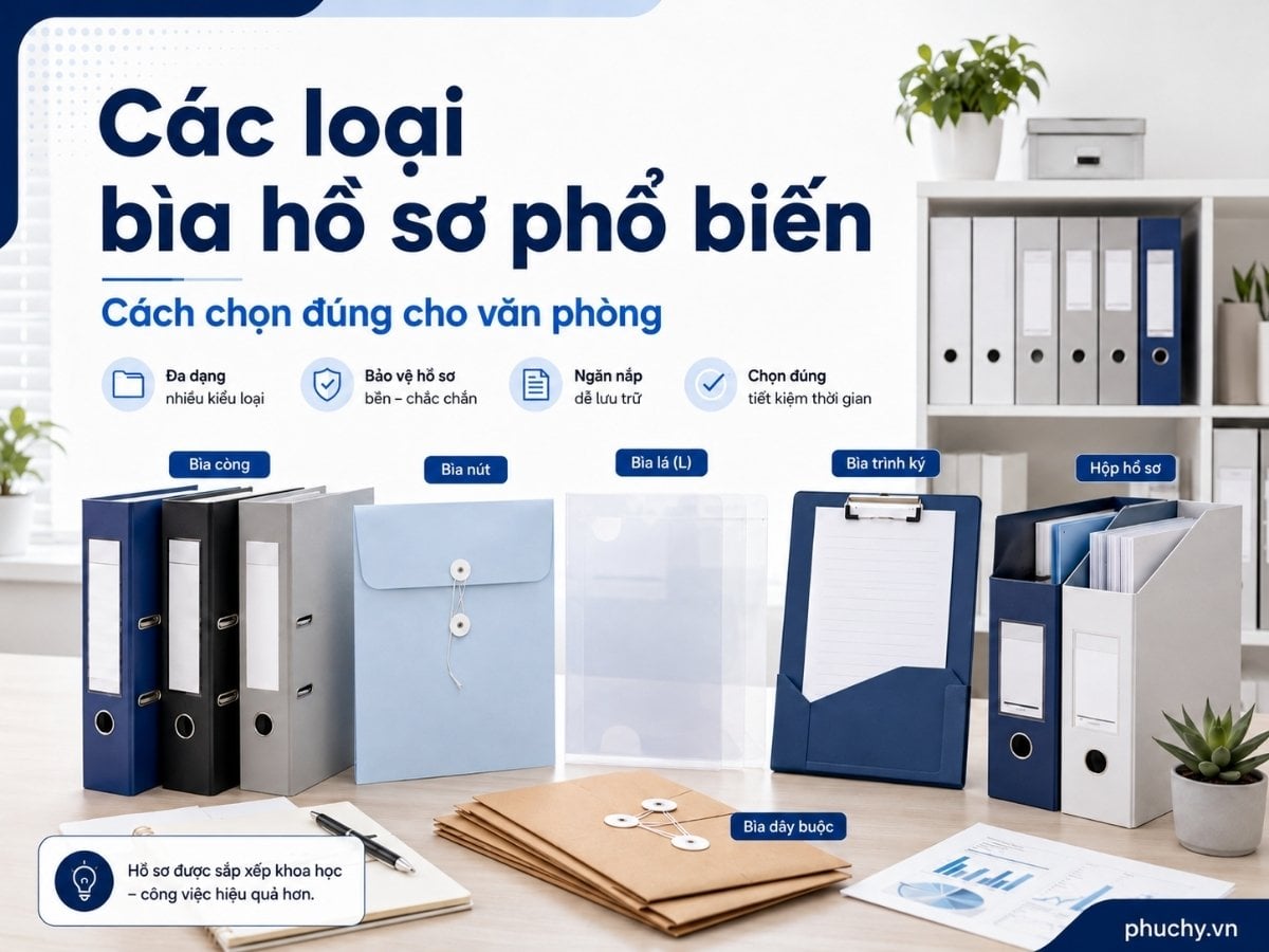 Các loại bìa hồ sơ phổ biến dùng trong văn phòng như bìa còng, bìa nút, bìa lá, bìa trình ký và bìa hộp