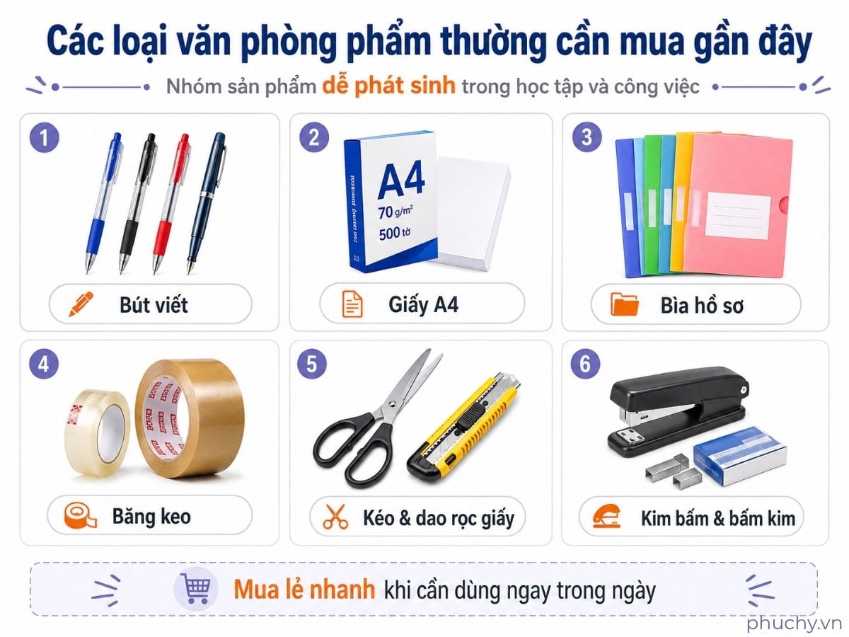 Các loại văn phòng phẩm thường cần mua gần đây như bút viết, giấy A4, bìa hồ sơ, băng keo