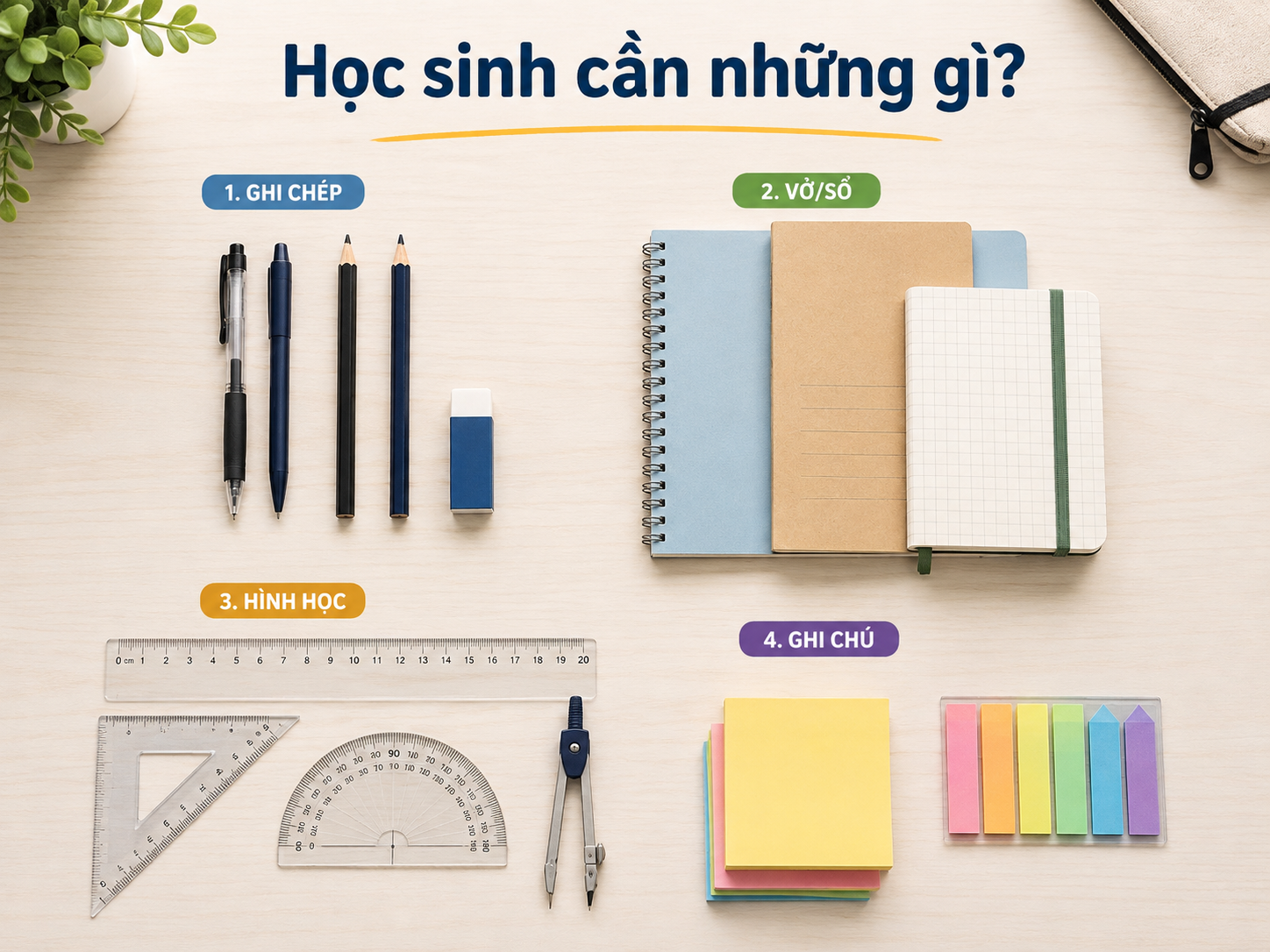 Các nhóm văn phòng phẩm cần thiết cho học sinh