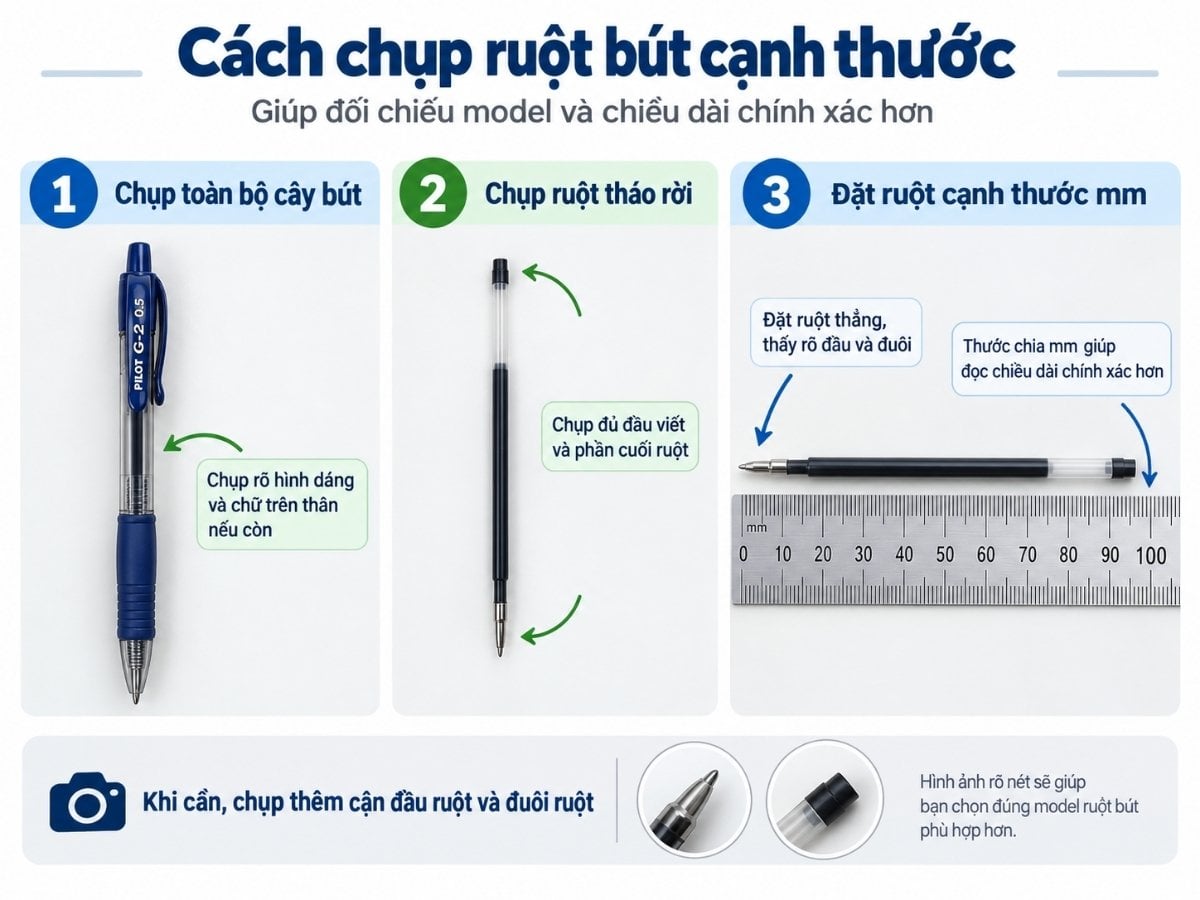 Cách chụp ruột bút cạnh thước mm để đối chiếu chiều dài
