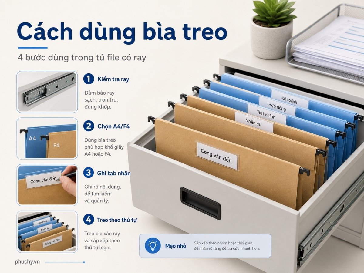 Cách dùng bìa treo trong tủ file có ray