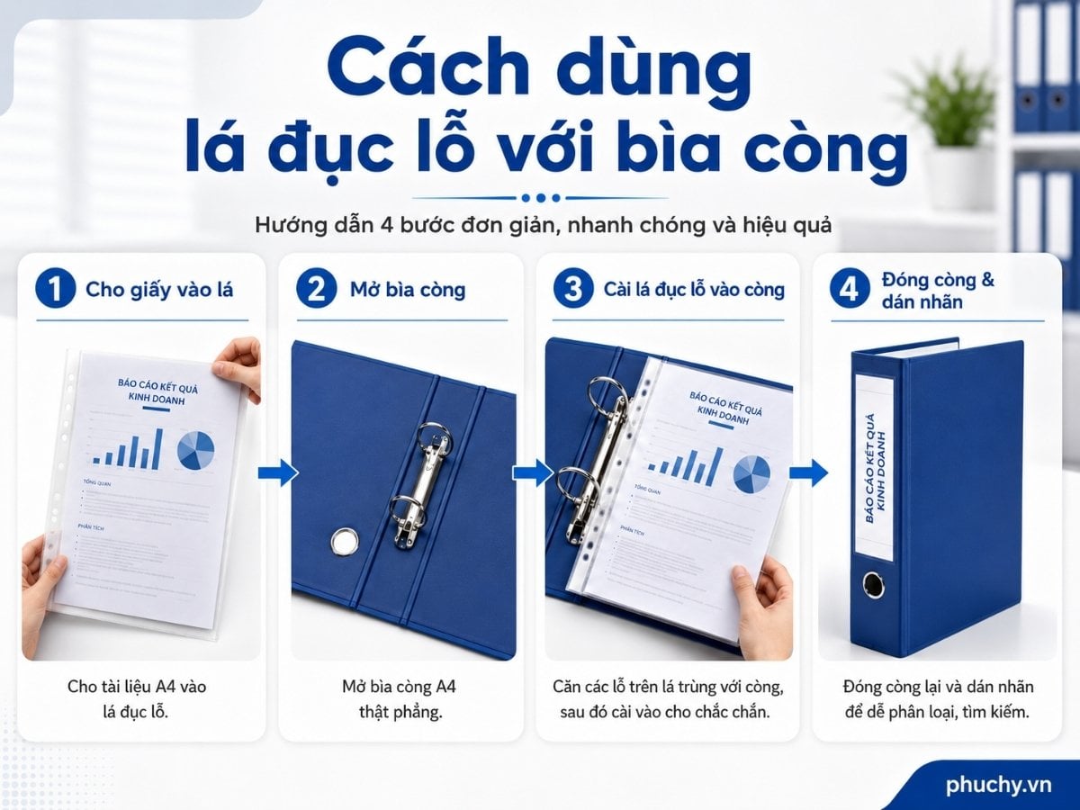 Cách dùng lá đục lỗ với bìa còng để lưu trữ tài liệu A4