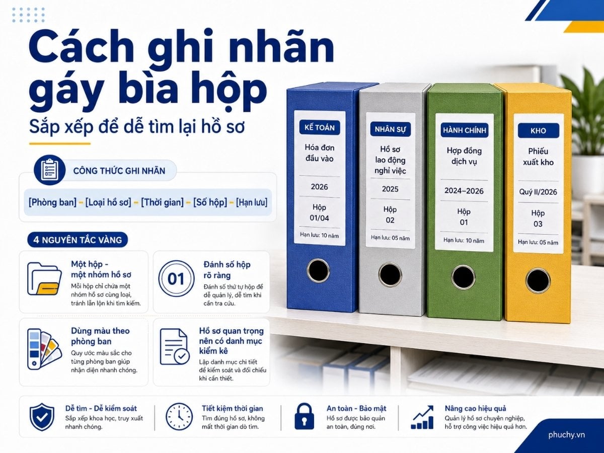 Cách ghi nhãn gáy bìa hộp để sắp xếp hồ sơ dễ tìm theo phòng ban thời gian và số hộp