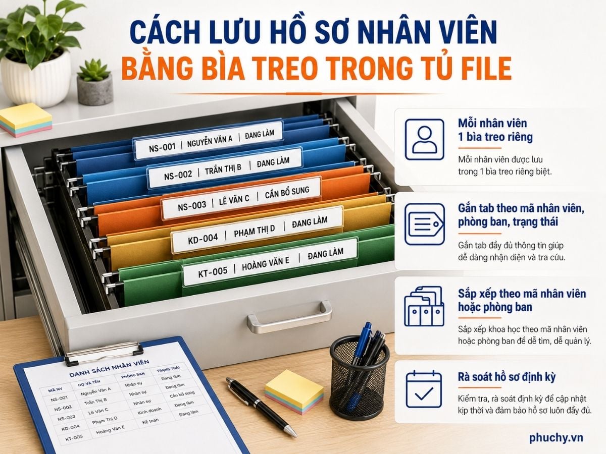cách lưu hồ sơ nhân viên bằng bìa treo trong tủ file