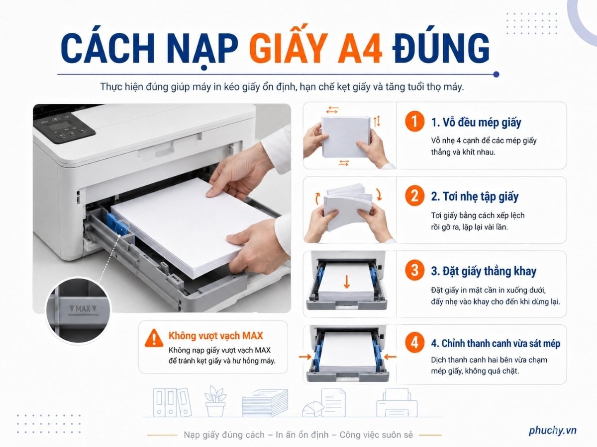Cách nạp giấy A4 đúng để tránh kẹt máy in
