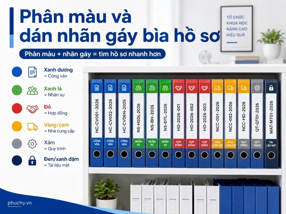 Cách phân màu và dán nhãn gáy bìa hồ sơ để phòng hành chính dễ tìm tài liệu