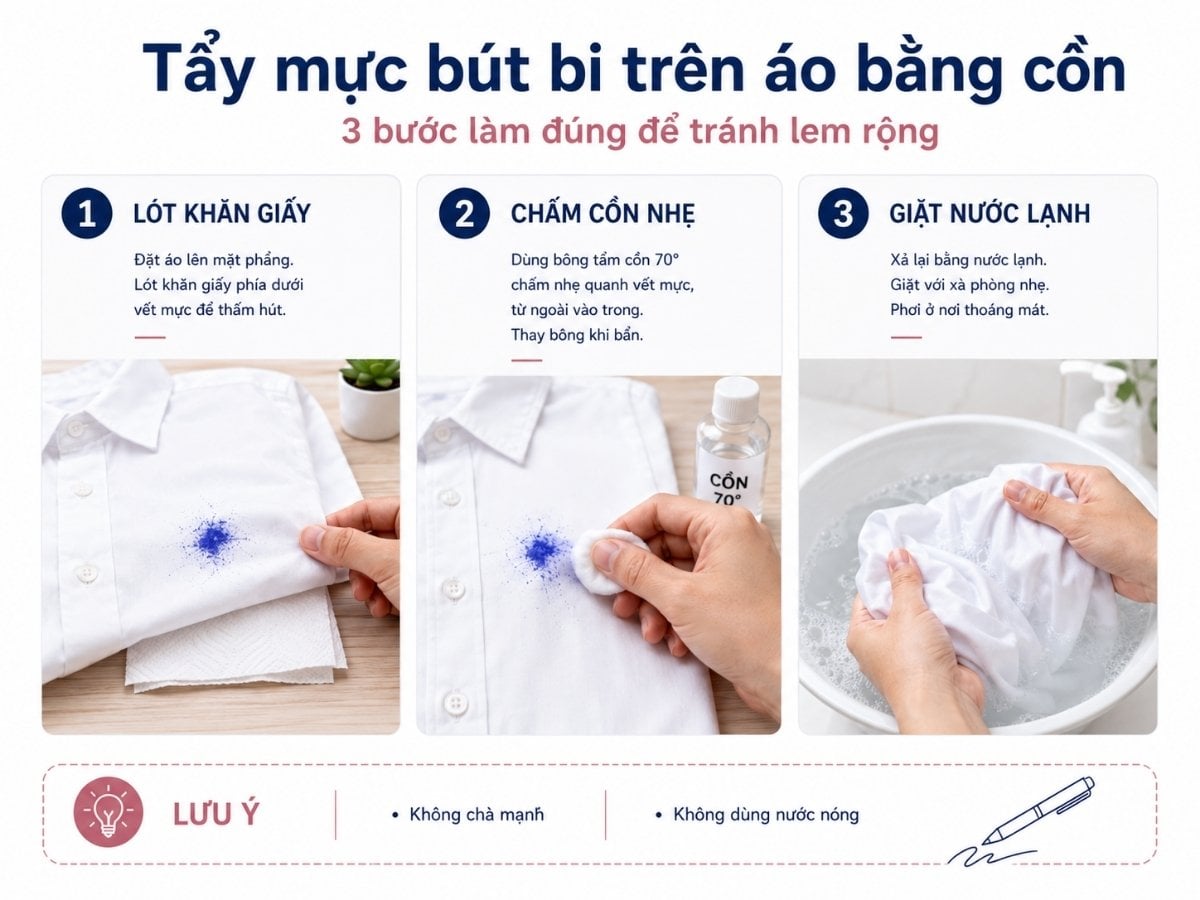 Cách tẩy mực bút bi trên áo bằng cồn và khăn giấy