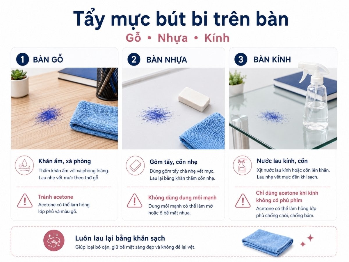 Cách tẩy mực bút bi trên bàn gỗ, bàn nhựa và bàn kính
