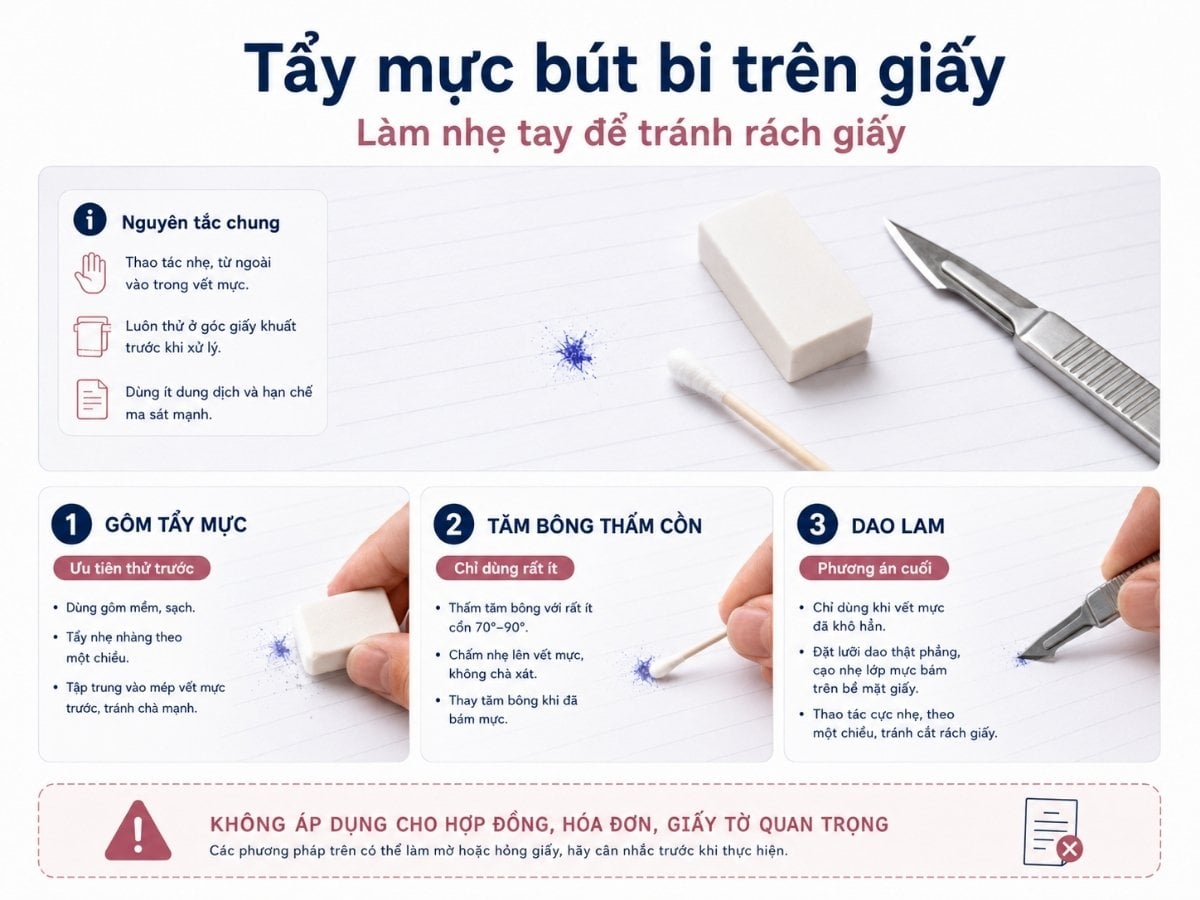 Cách tẩy mực bút bi trên giấy không làm rách giấy