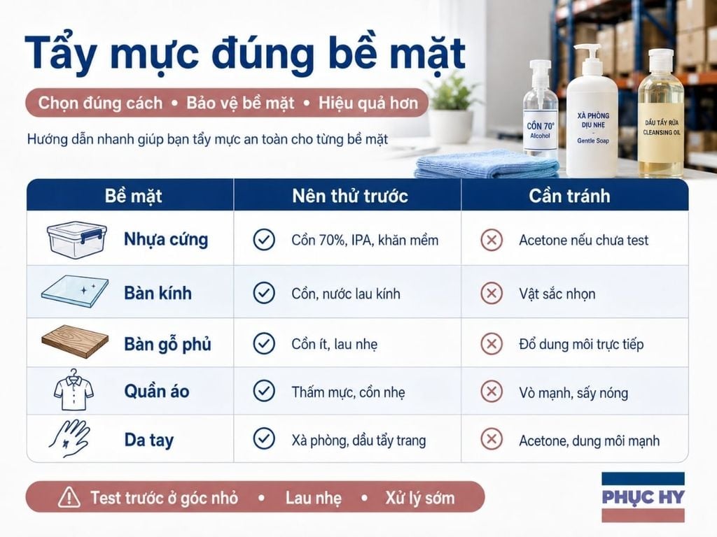 Bảng cách tẩy mực bút lông dầu theo từng bề mặt