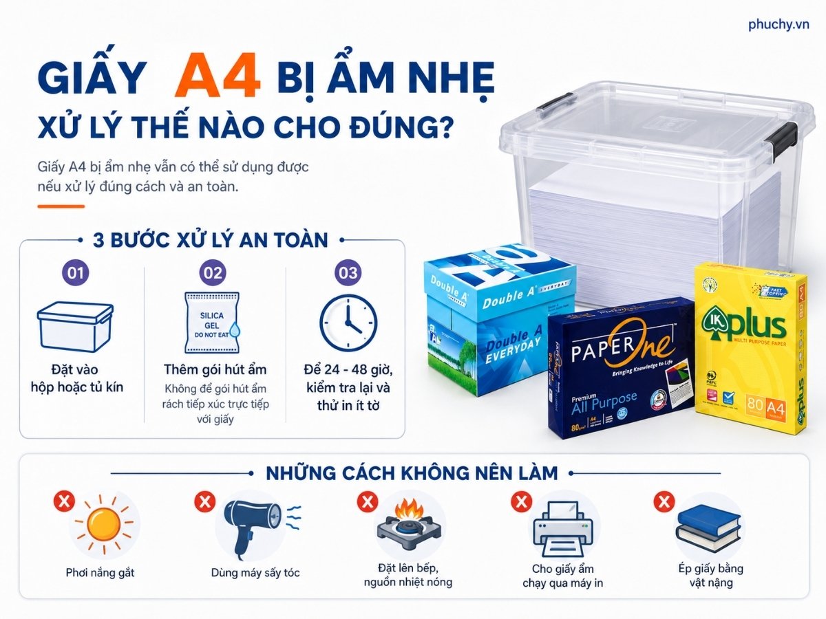 Cách xử lý giấy A4 bị ẩm nhẹ bằng hộp kín và gói hút ẩm