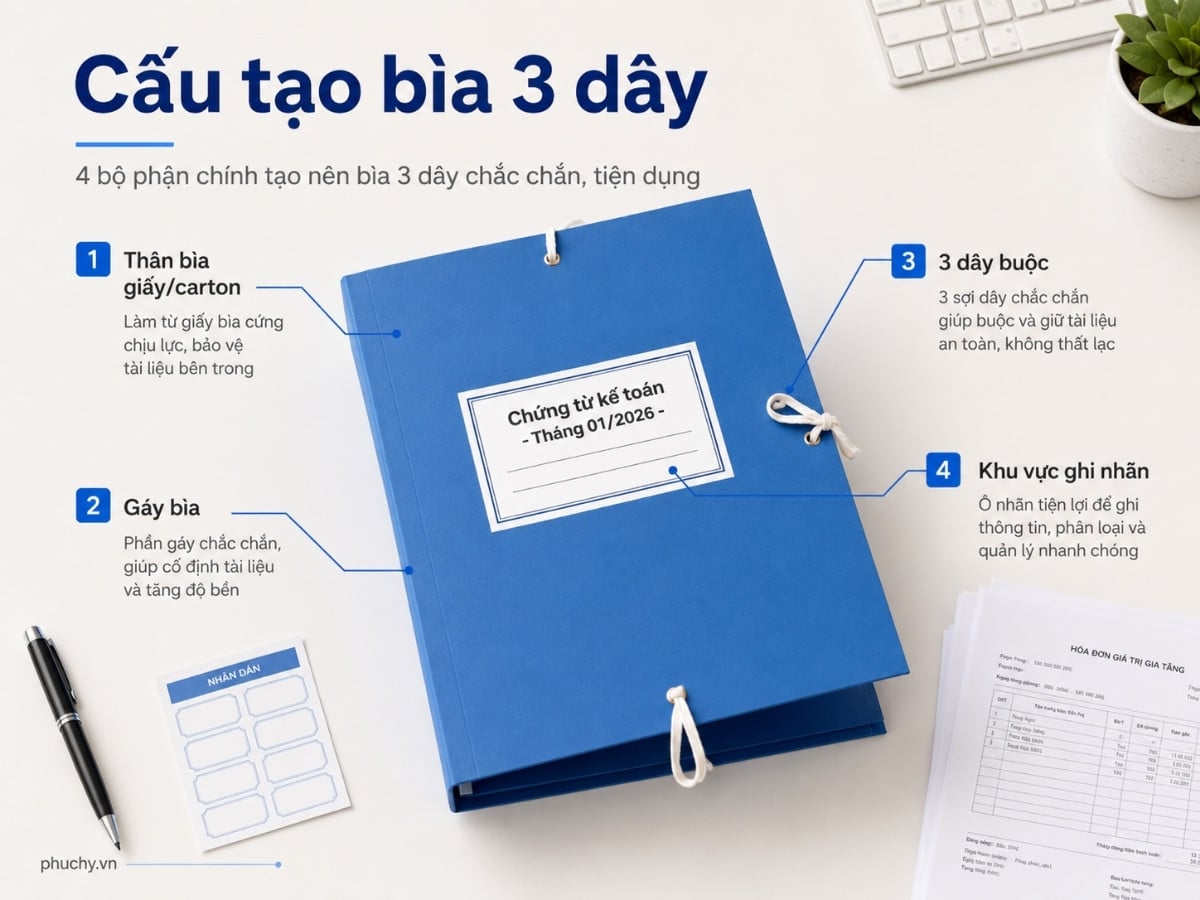 Cấu tạo bìa 3 dây gồm thân bìa gáy bìa dây buộc và ô ghi nhãn