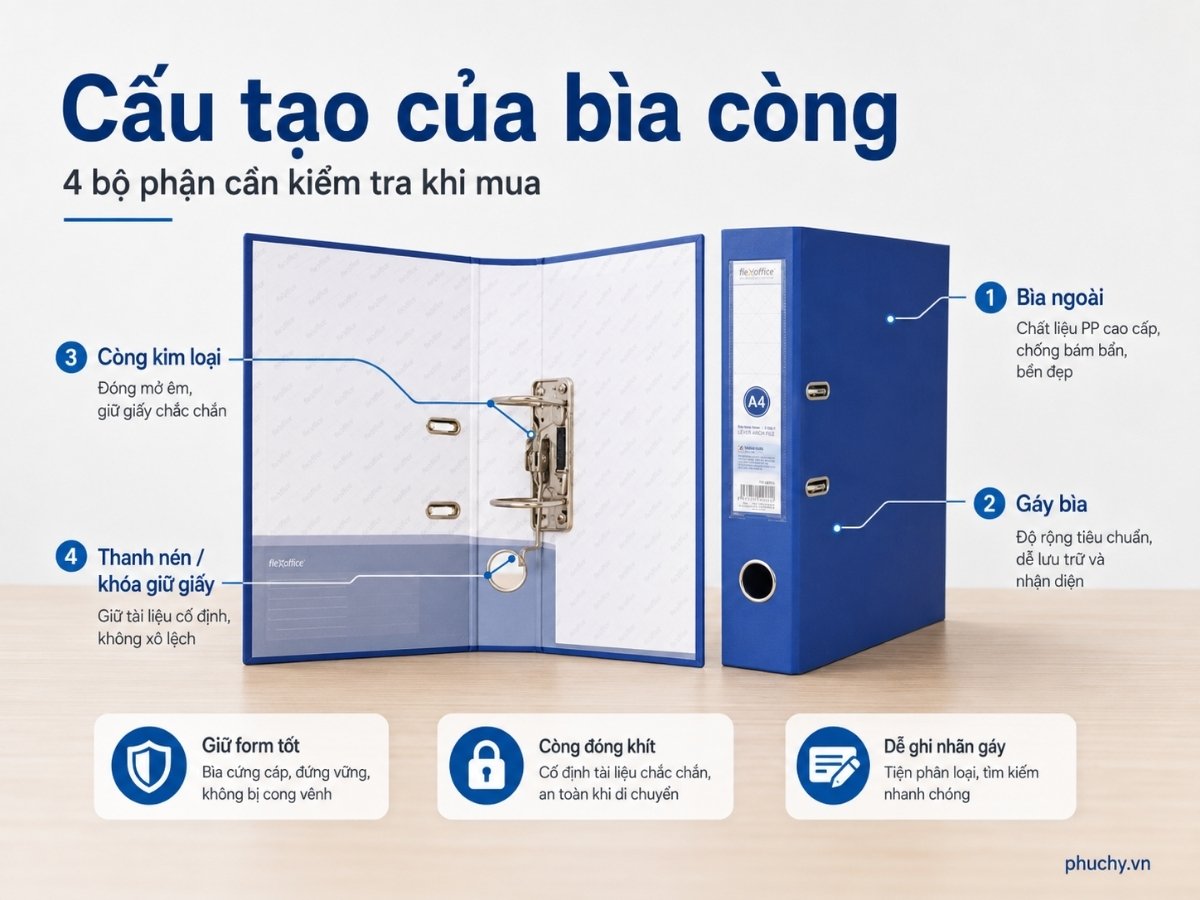 Cấu tạo bìa còng gồm bìa ngoài gáy bìa còng kim loại và thanh nén
