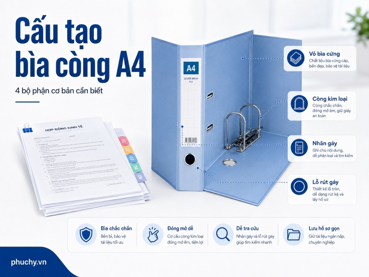 Cấu tạo bìa còng A4 gồm vỏ bìa cứng, còng kim loại, nhãn gáy và lỗ rút gáy