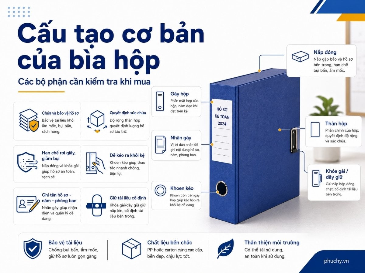 Cấu tạo bìa hộp gồm thân hộp gáy nhãn khoen kéo nắp đóng và khóa gài