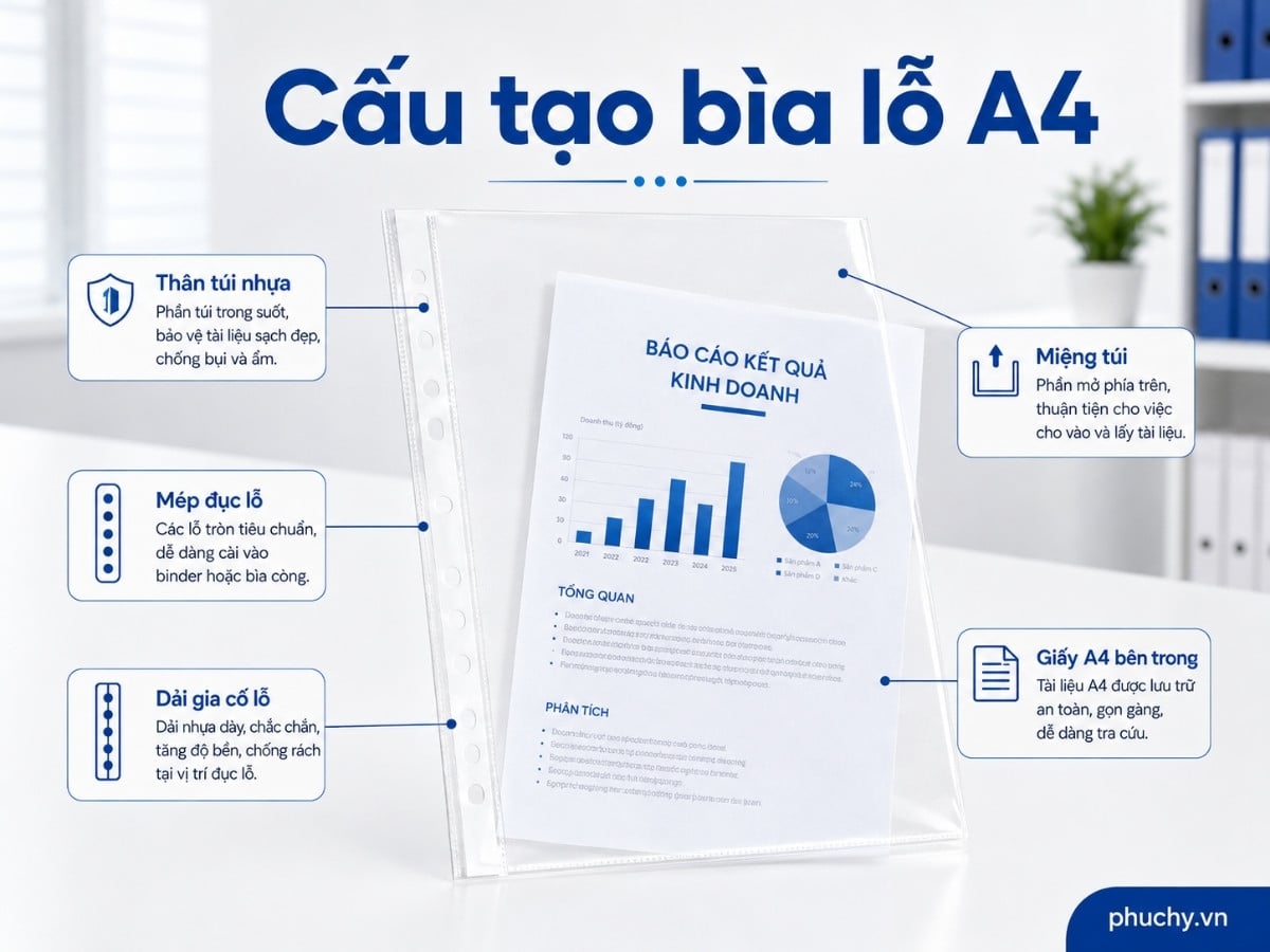 Cấu tạo bìa lỗ A4 gồm thân túi nhựa, miệng túi và mép đục lỗ