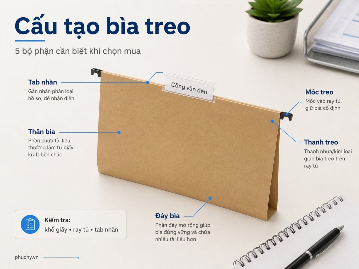 Cấu tạo bìa treo hồ sơ gồm thanh treo tab nhãn và thân bìa