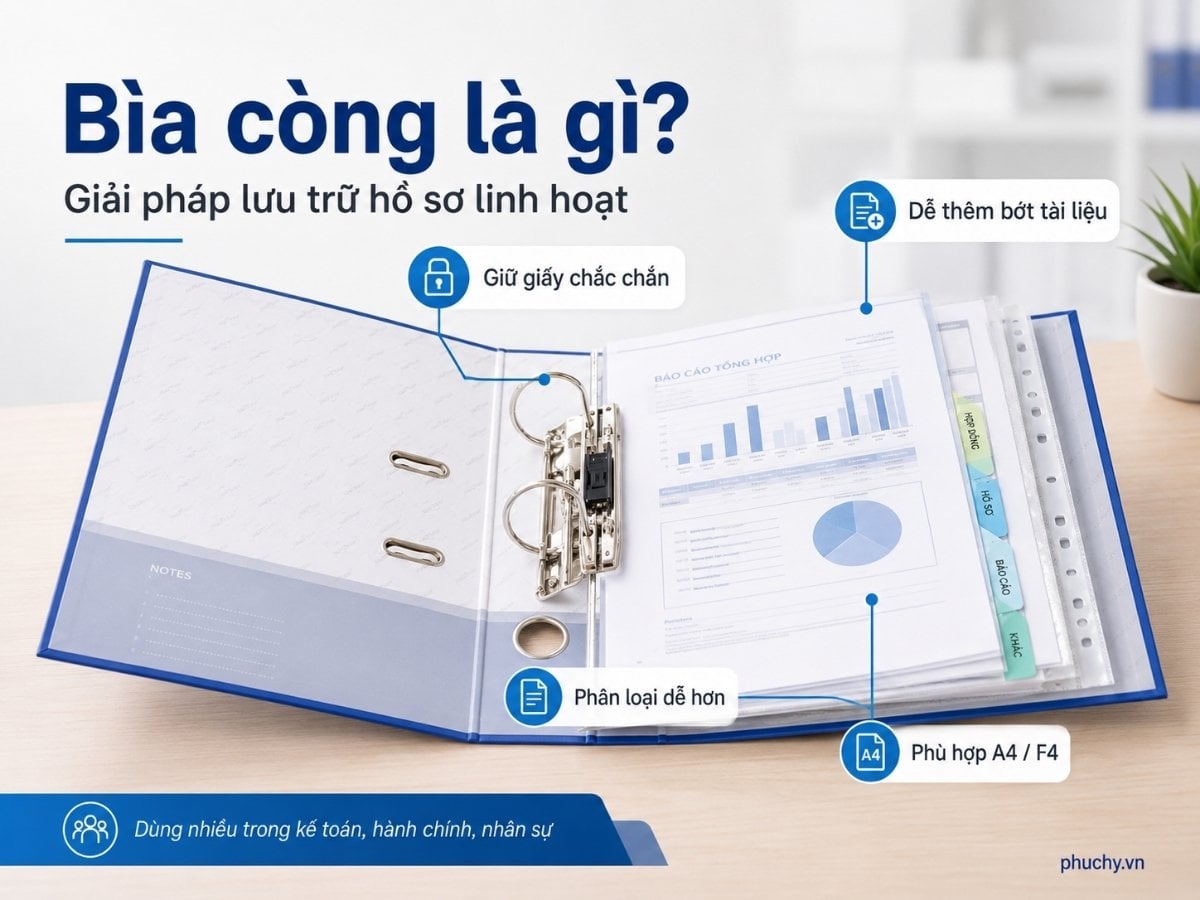 Bìa còng mở ra với giấy A4 lá đục lỗ và còng kim loại bên trong