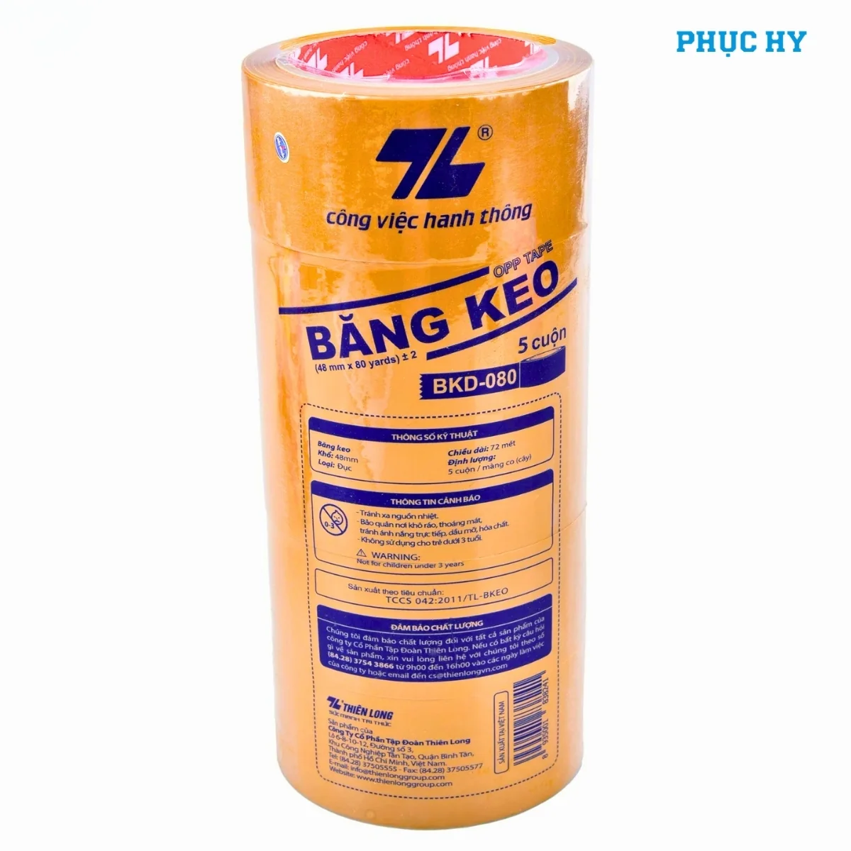 Cây 5 cuộn băng keo đục Thiên Long BKD-080 có tem thông số sản phẩm