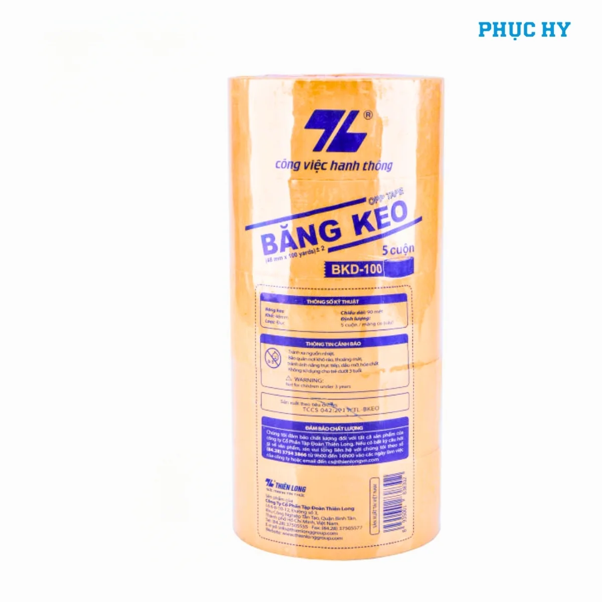 Cây 5 cuộn băng keo đục Thiên Long BKD-100 có tem quy cách sản phẩm