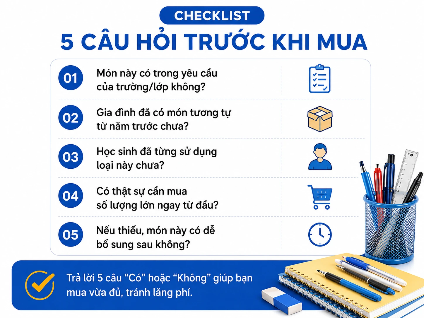 checklist 5 câu hỏi trước khi mua đồ dùng học tập đầu năm