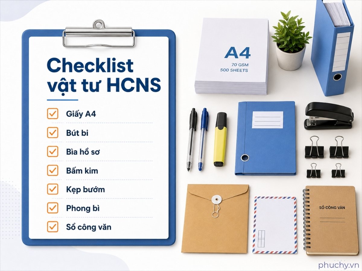 Checklist giấy bút bấm kim kẹp bướm và dụng cụ văn phòng cho phòng hành chính nhân sự