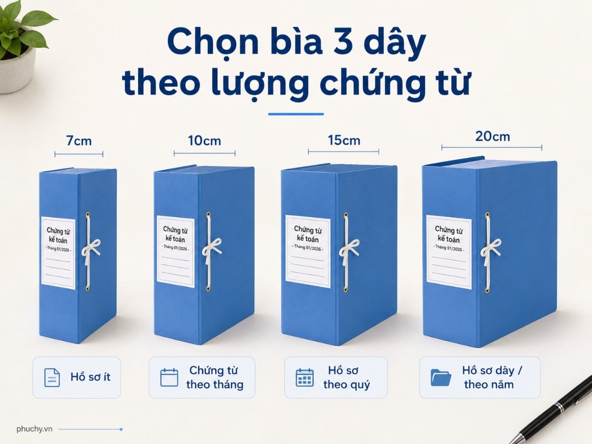 Cách chọn bìa 3 dây 7cm 10cm 15cm 20cm theo độ dày hồ sơ kế toán